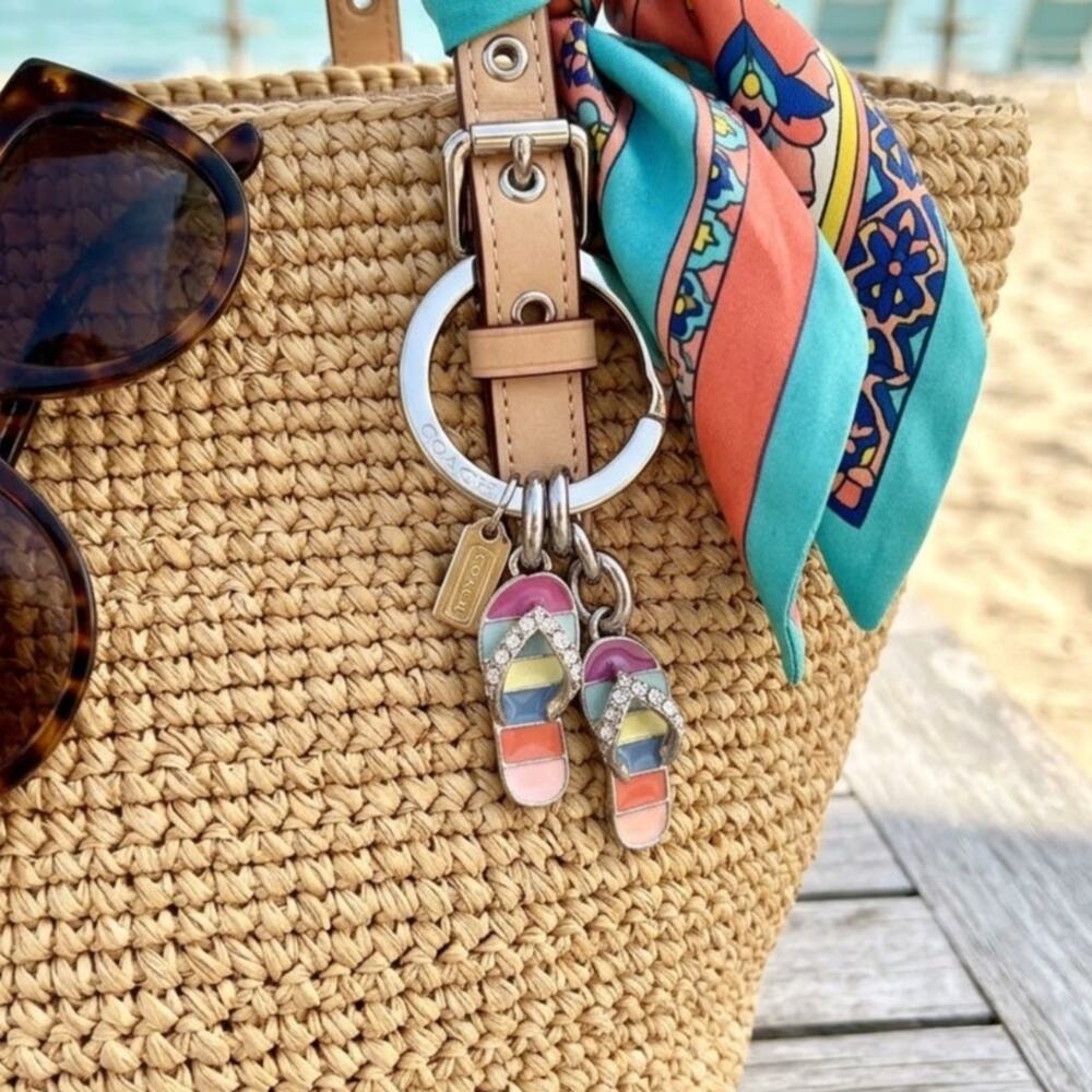 Coach Legacy Stripe flip-flop keychain rainbow stripes sparkling rhinestone Y2K